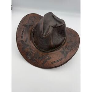 Vintage Leather Cowboy Hat - Hand Tooled Peru Souvenir - Nazca Lines Design